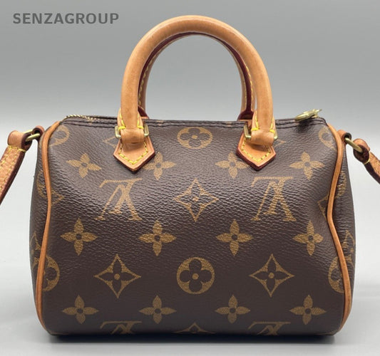 Louis Vuitton Speedy Nano Monogram Top Handle Bag Crossbody Brown Gold Women