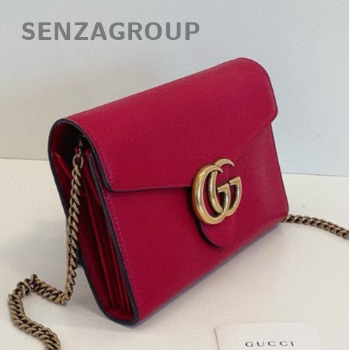 Gucci Marmont GG Chain Shoulder Bag Crossbody Red Gold Women Classic