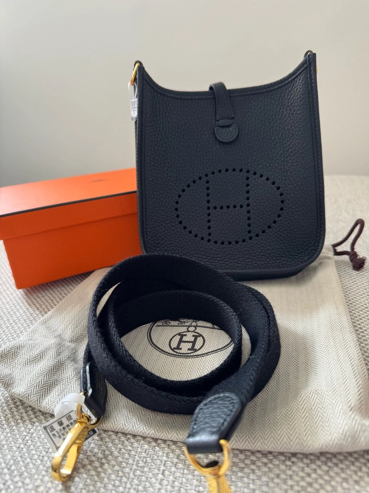 Hermes Evelyne Mini Black Gold Hardware Leather Crossbody Bag For Women