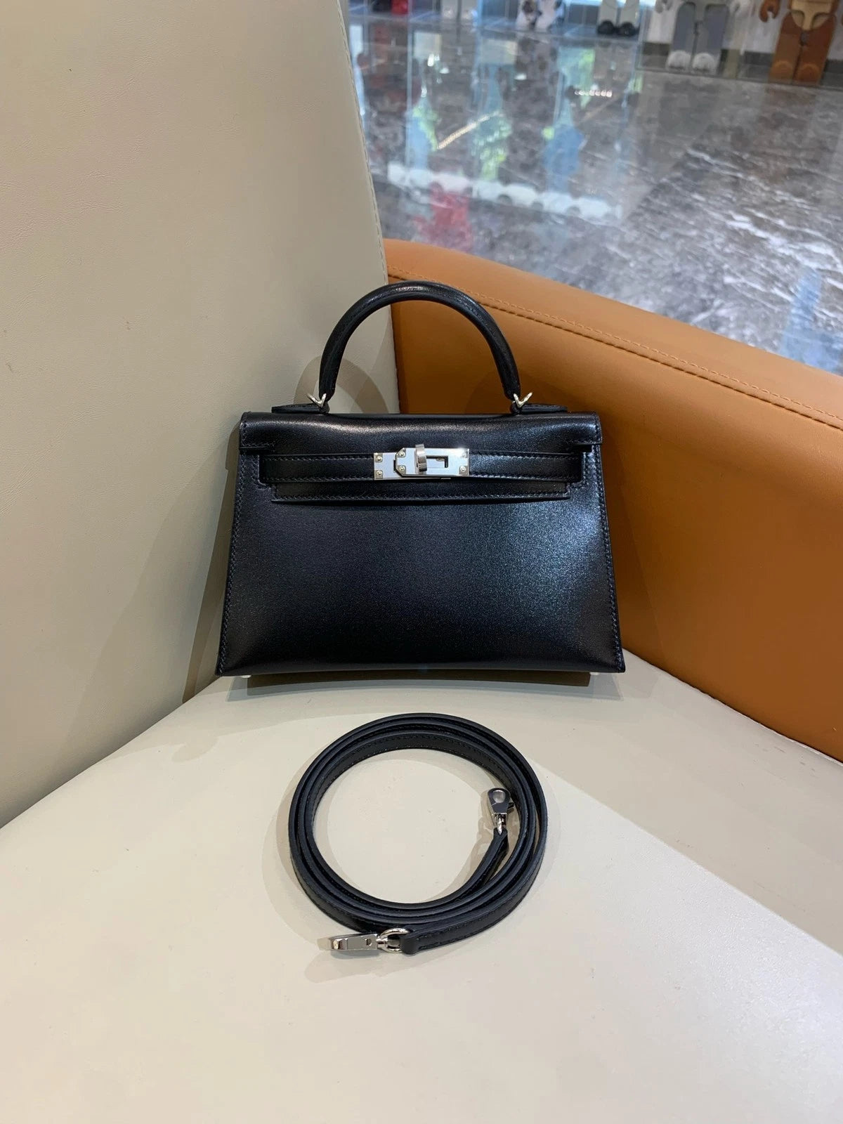 Hermes Mini Kelly Black Silver Box Leather Top Handle Bag For Women