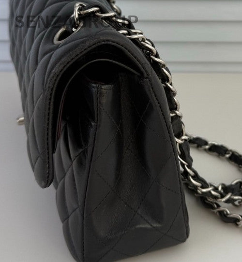 Chanel Classic Flap Lambskin PM Chain Shoulder Bag Black Silver Used Women