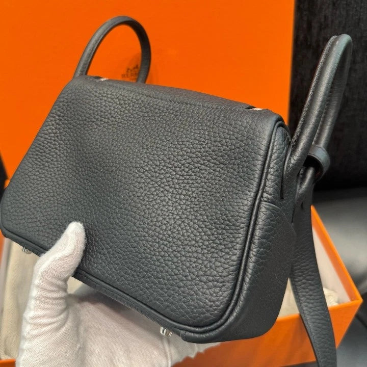 Hermes Lindy Mini Top Handle Shoulder Bag Black Silver Hardware Women D