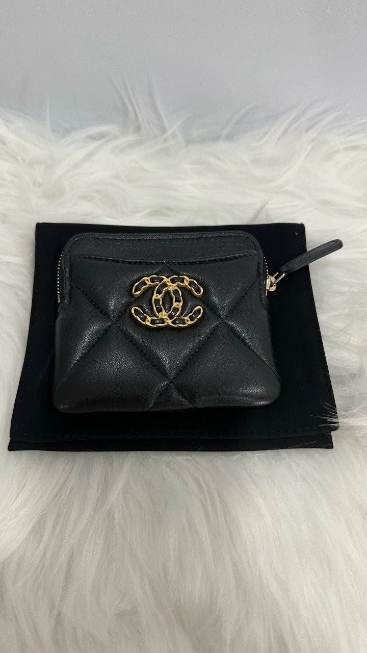 CHANEL 19 Black Gold Quilted Coin Card Holder Wallet Women