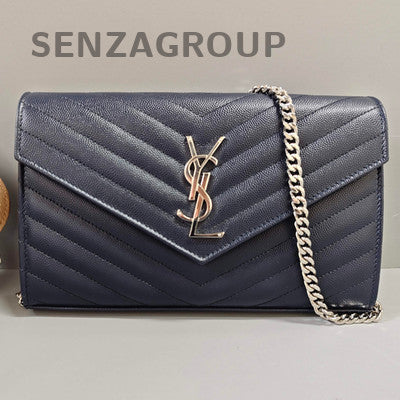 YSL Envelope WOC Chain Shoulder Crossbody Bag Navy Blue Silver Hardware