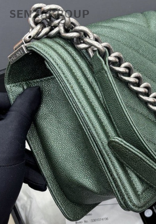 Chanel Leboy MM Calfskin Chain Shoulder Bag Green Silver Used Women Classic