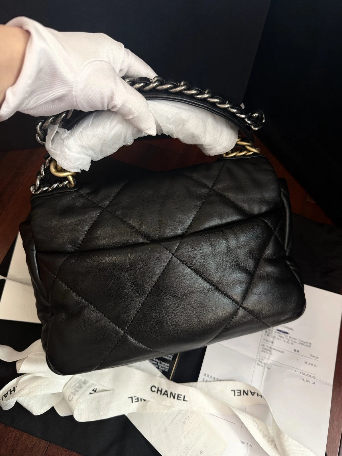 Chanel 19Bag PM Lambskin Chain Top Handle Bag Crossbody Black Gold Women