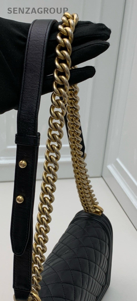 Chanel Leboy Calfskin Chain Shoulder Bag Black Gold Women Classic Designer