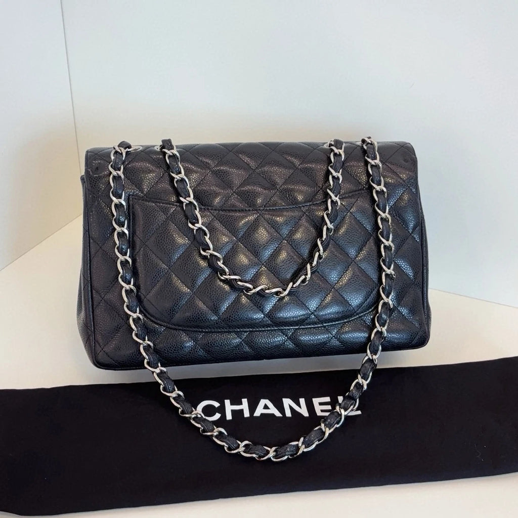 Chanel Classic Flap Jumbo Chain Shoulder Crossbody Black Silver Women Diamond