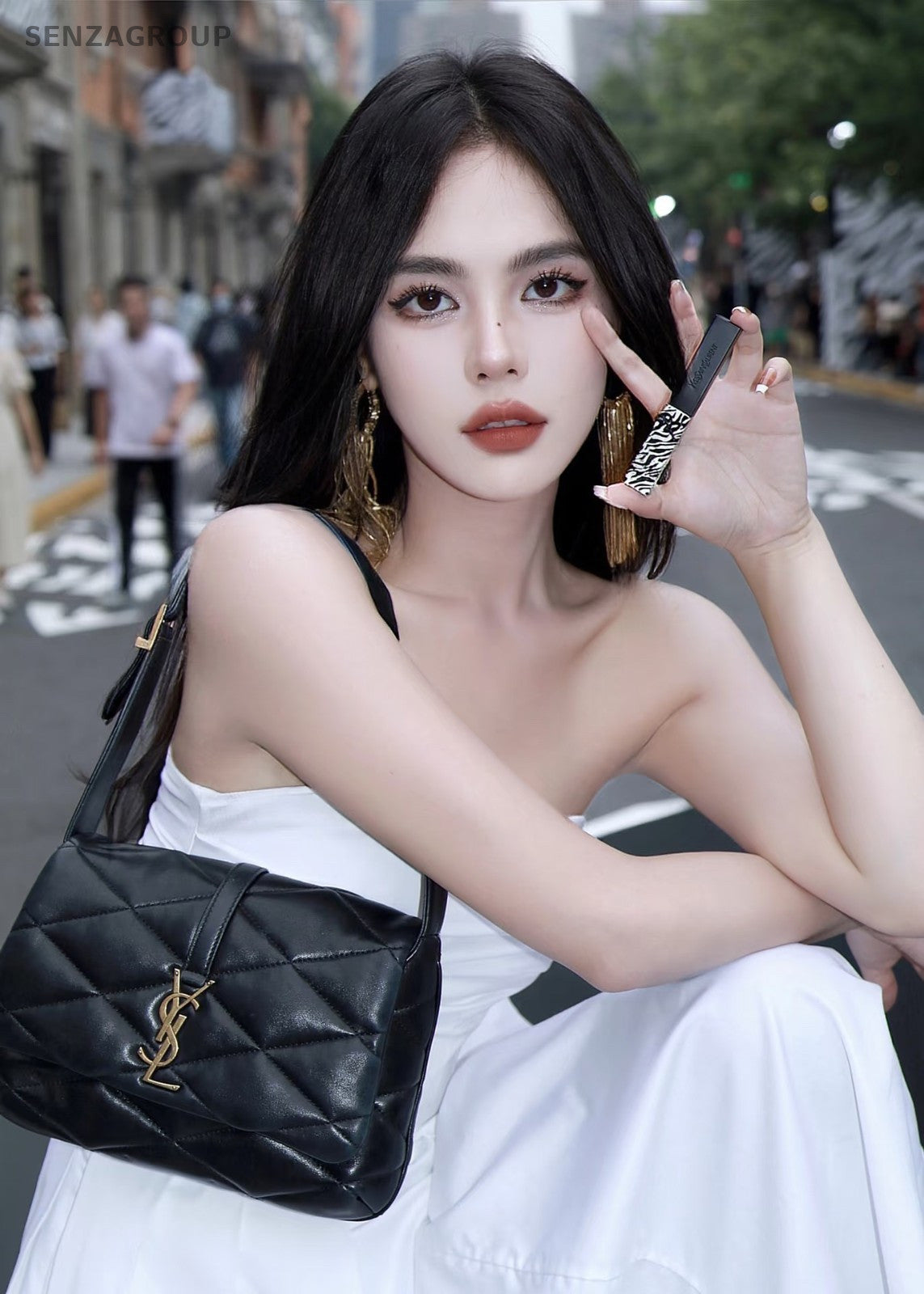 YSL Saint Laurent LE57 Hobo Lambskin Shoulder Handbag Black Gold Women