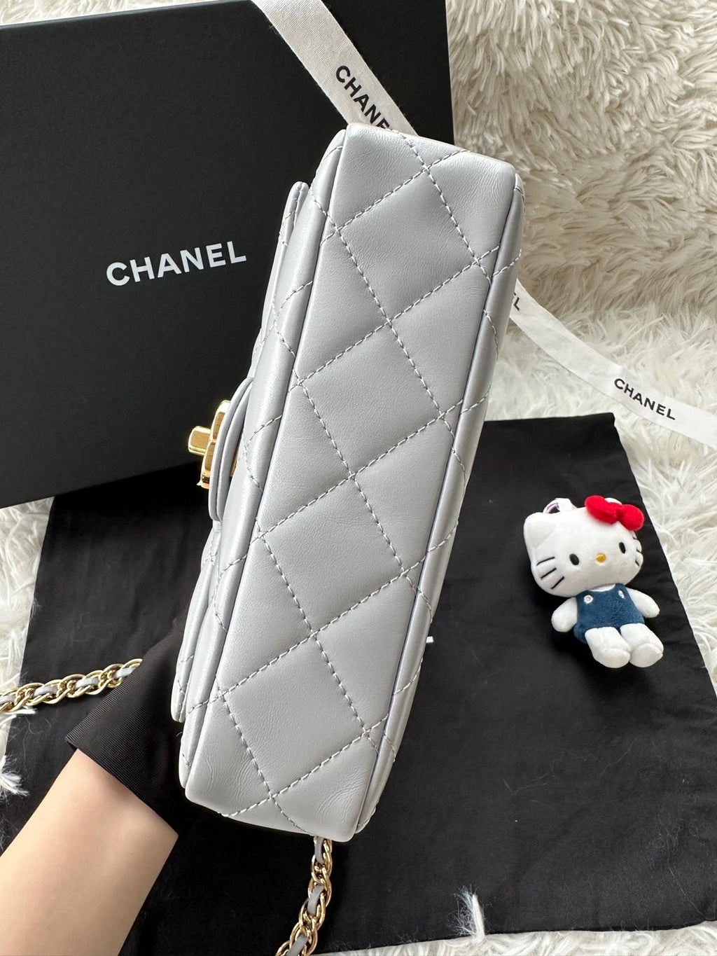 Authentic CHANEL Grey Lambskin Square CF Bag For Women