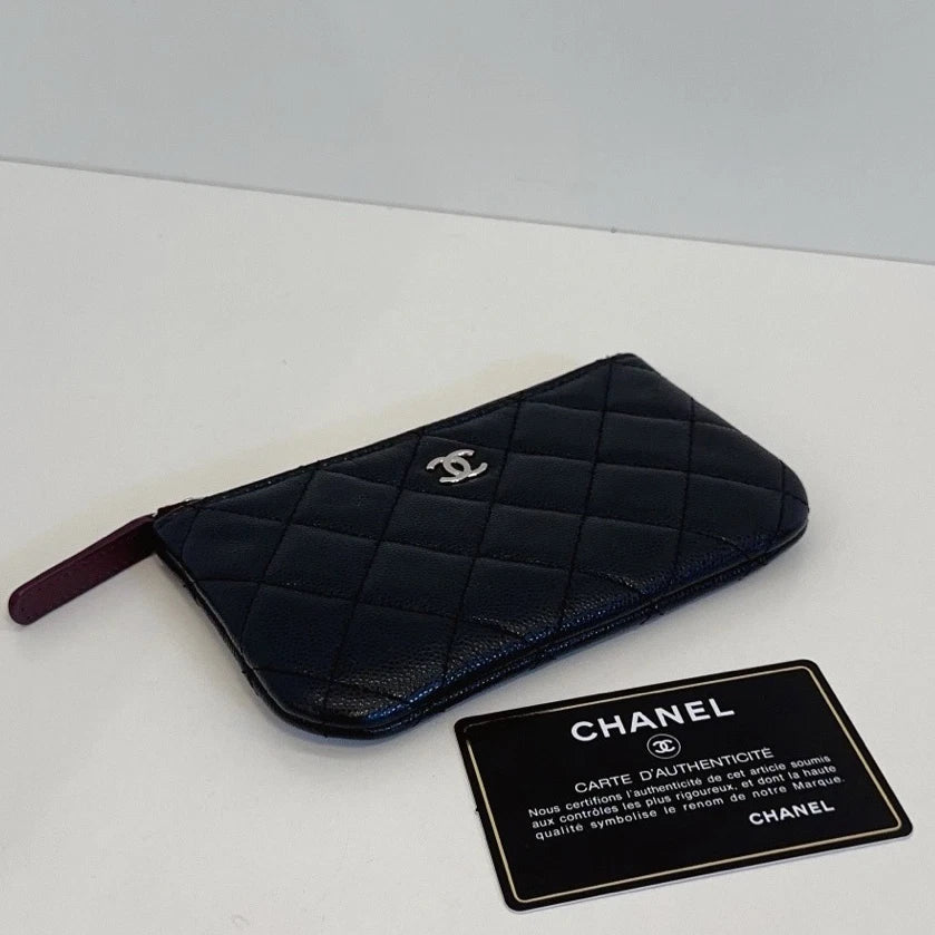 Chanel Calfskin Diamond Wallet Black Gold Used Women Classic
