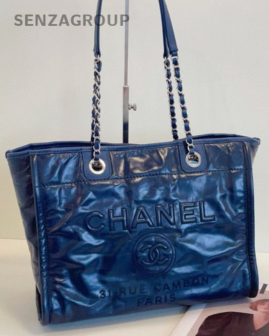 Chanel Calfskin Tote Chain Shoulder Bag Blue Silver Used Women Classic