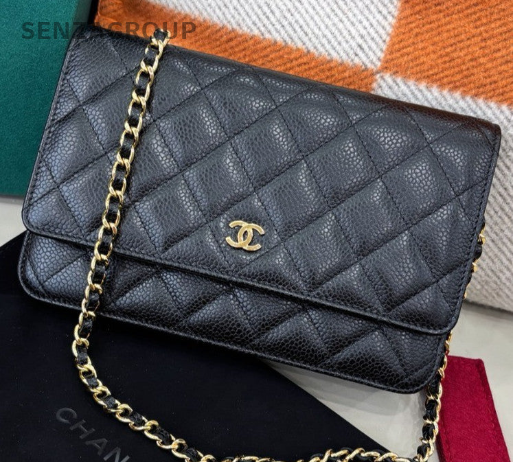 Chanel WOC Calfskin Chain Shoulder Bag Crossbody Black Gold Women Classic