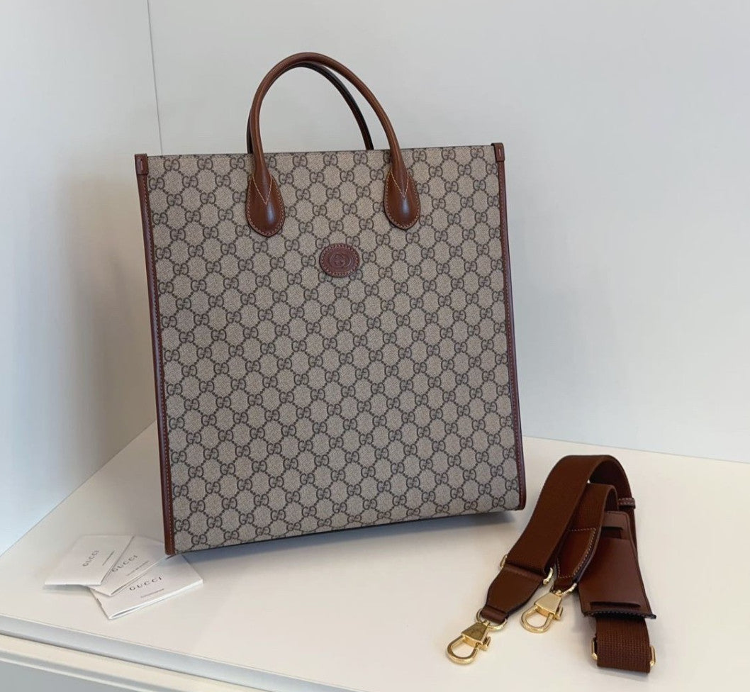 Gucci Retro Tote GM Top Handle Bag Crossbody Brown Gold Used Women Classic