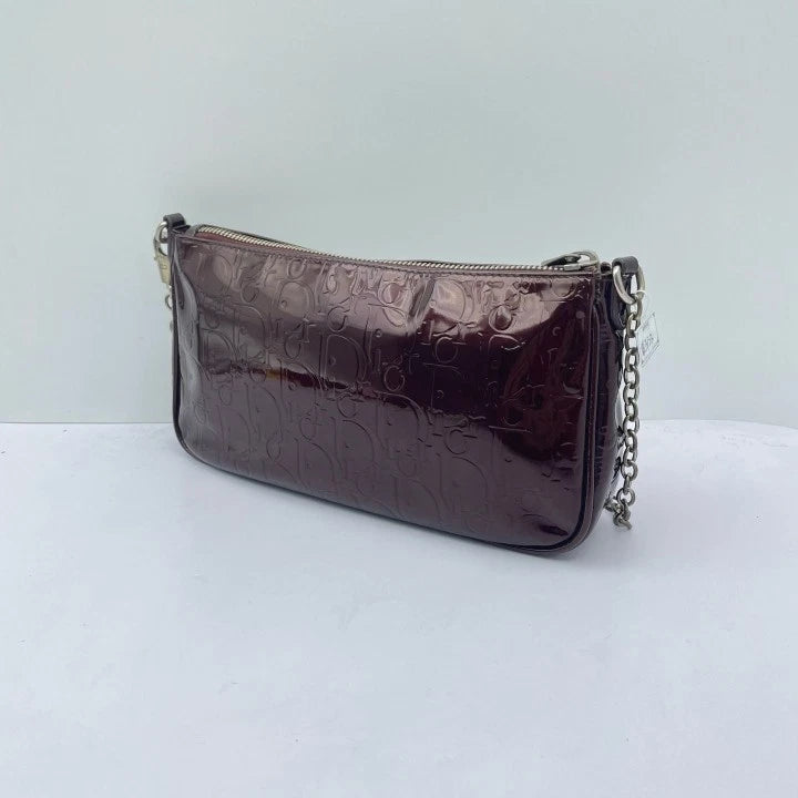Dior Women's Red Patent Leather Monogram Chain Shoulder Clutch Bag
