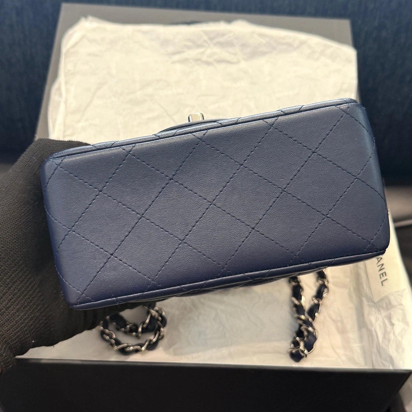 Chanel Classic Flap Lambskin Chain Crossbody Blue Silver Diamond Women Fashion