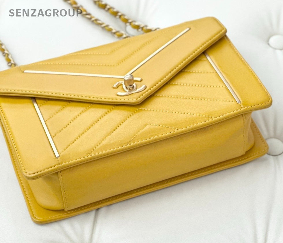 CHANEL Calfskin V-shaped pattern Chain Shoulder Handbag Yellow Women