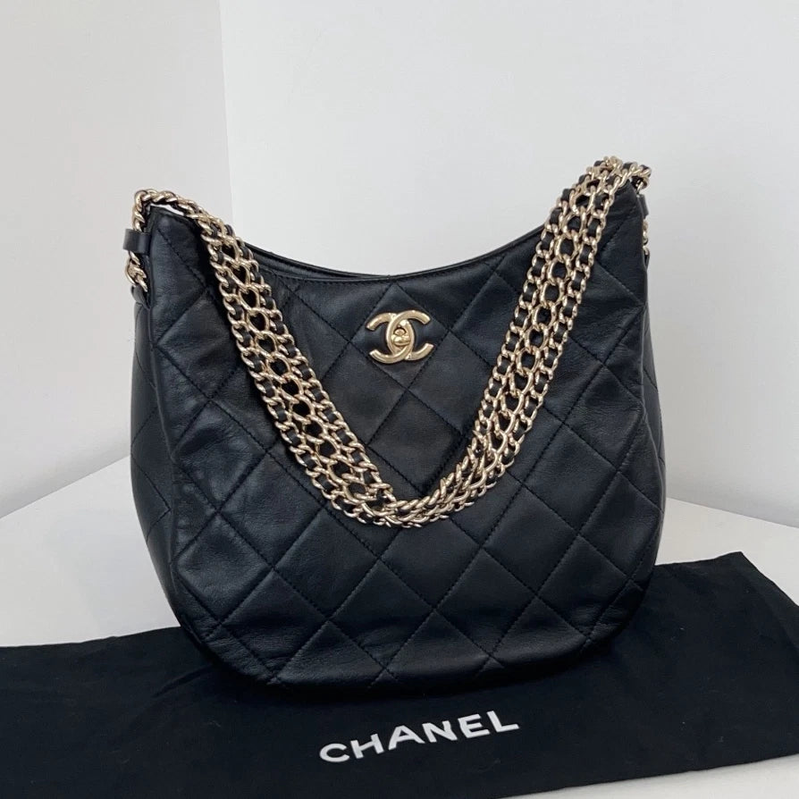 Chip Version Chanel Waterfall Gold Chain Hobo Black Diamond Shoulder Bag