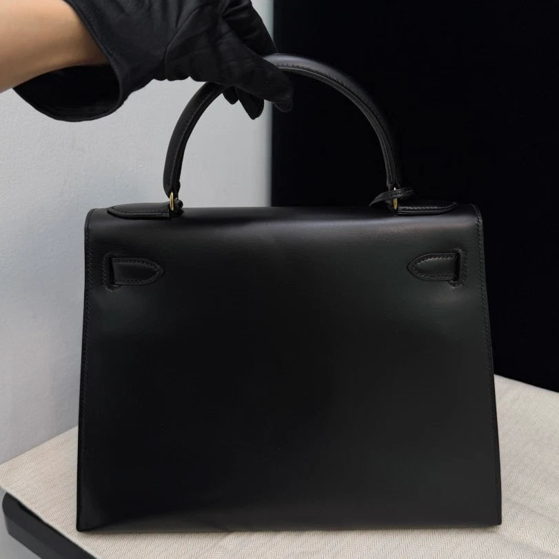 Authentic Hermes Kelly28 Box Tote Black Handbag Gold Hardware