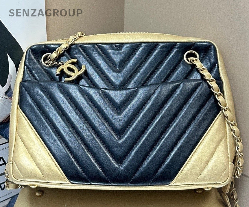 Chanel  Multicolor V Pattern Chain Shoulder Bag Black Yellow Women Classic