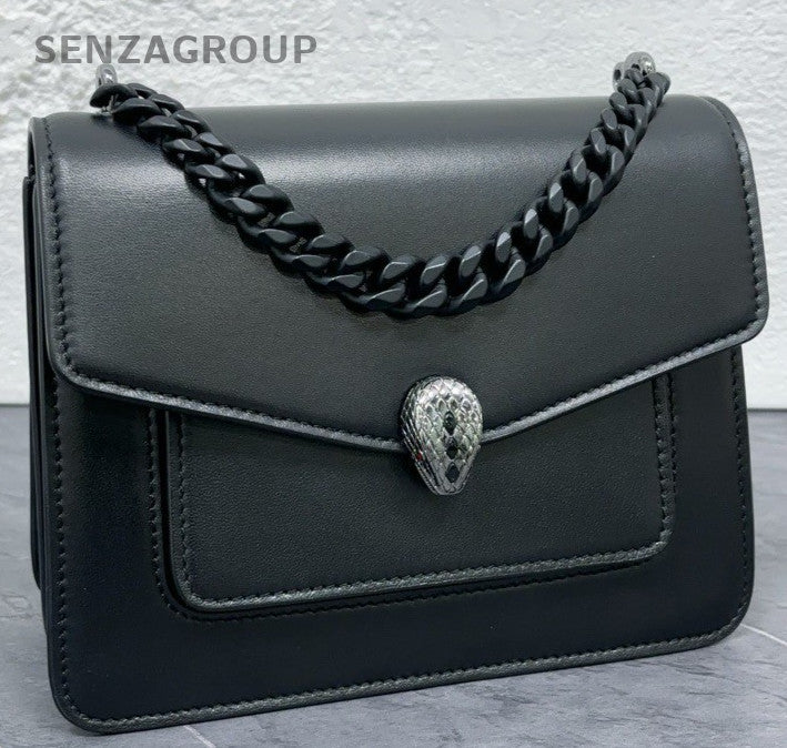 BVLGARI Serpenti Forever Lambskin Shoulder Bag Black Silver Women Designer
