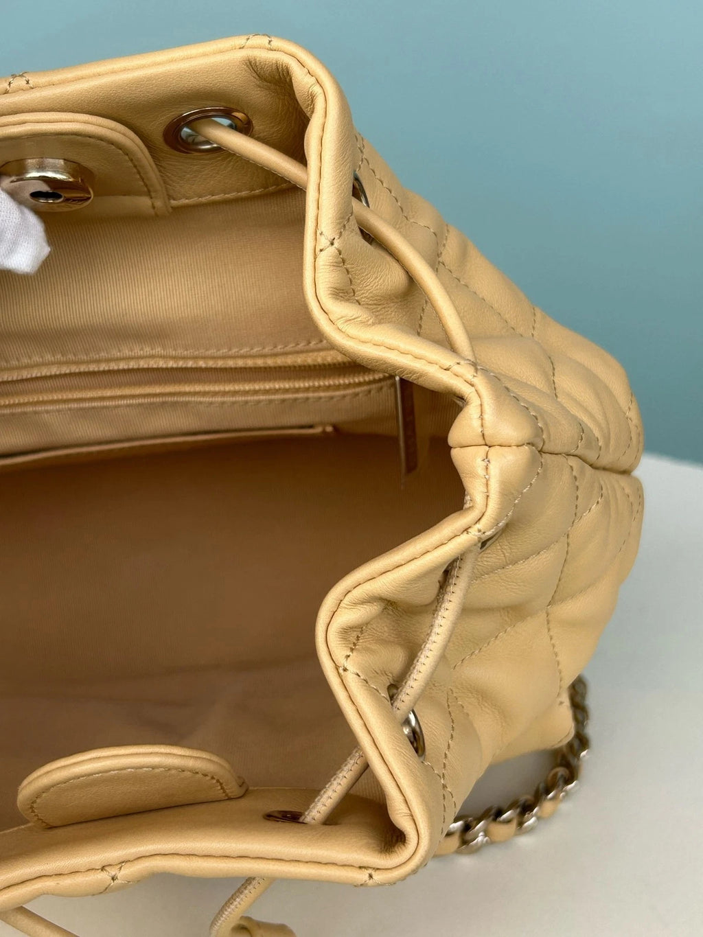 Chanel Diamond Chain Drawstring Backpack Beige Gold Used Women Classic