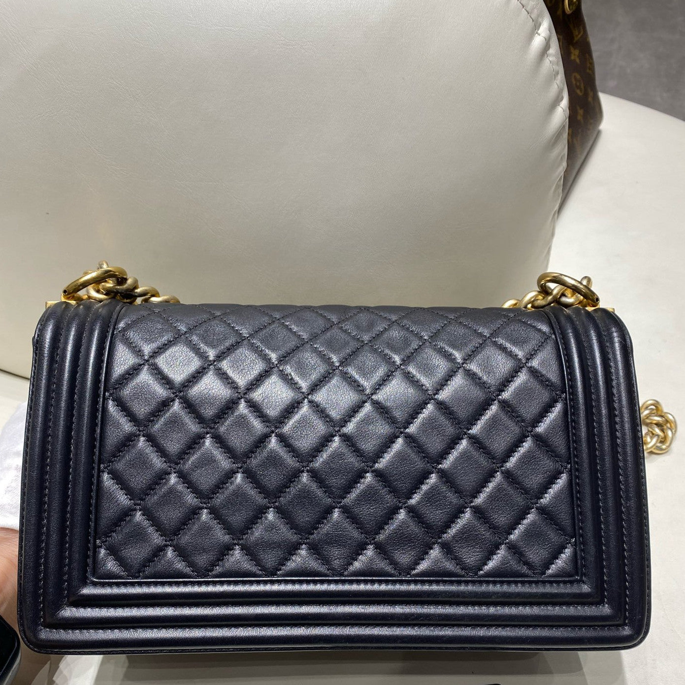 Chanel Le Boy Medium Calfskin Quilted Black Gold Chain Shoulder Bag