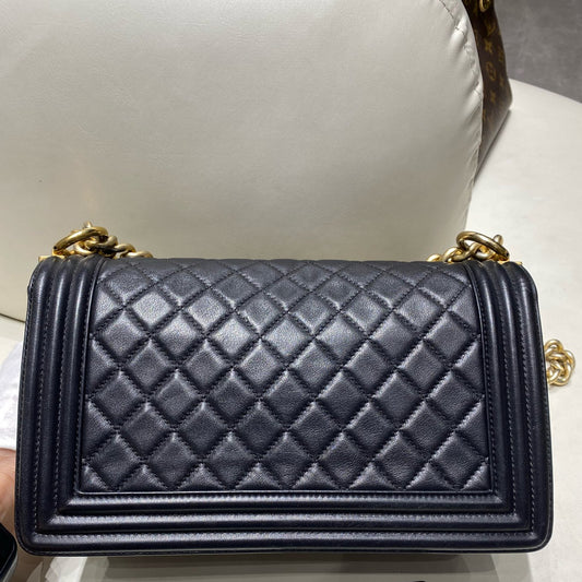 Chanel Le Boy Medium Calfskin Quilted Black Gold Chain Shoulder Bag