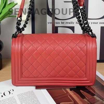 Chanel Le Boy Medium Quilted Chain Shoulder Bag Red Black Hardware