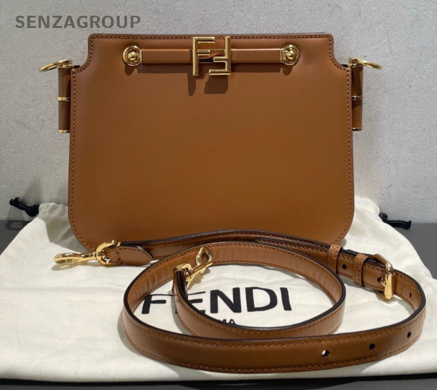 Fendi Touch Calfskin 2Way Shoulder Bag Crossbody Brown Gold Used Women Classic