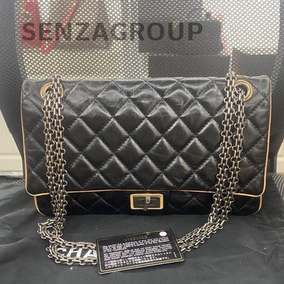 Chanel 2.55 Medium Black Gold Calfskin Chain Shoulder Bag Classic