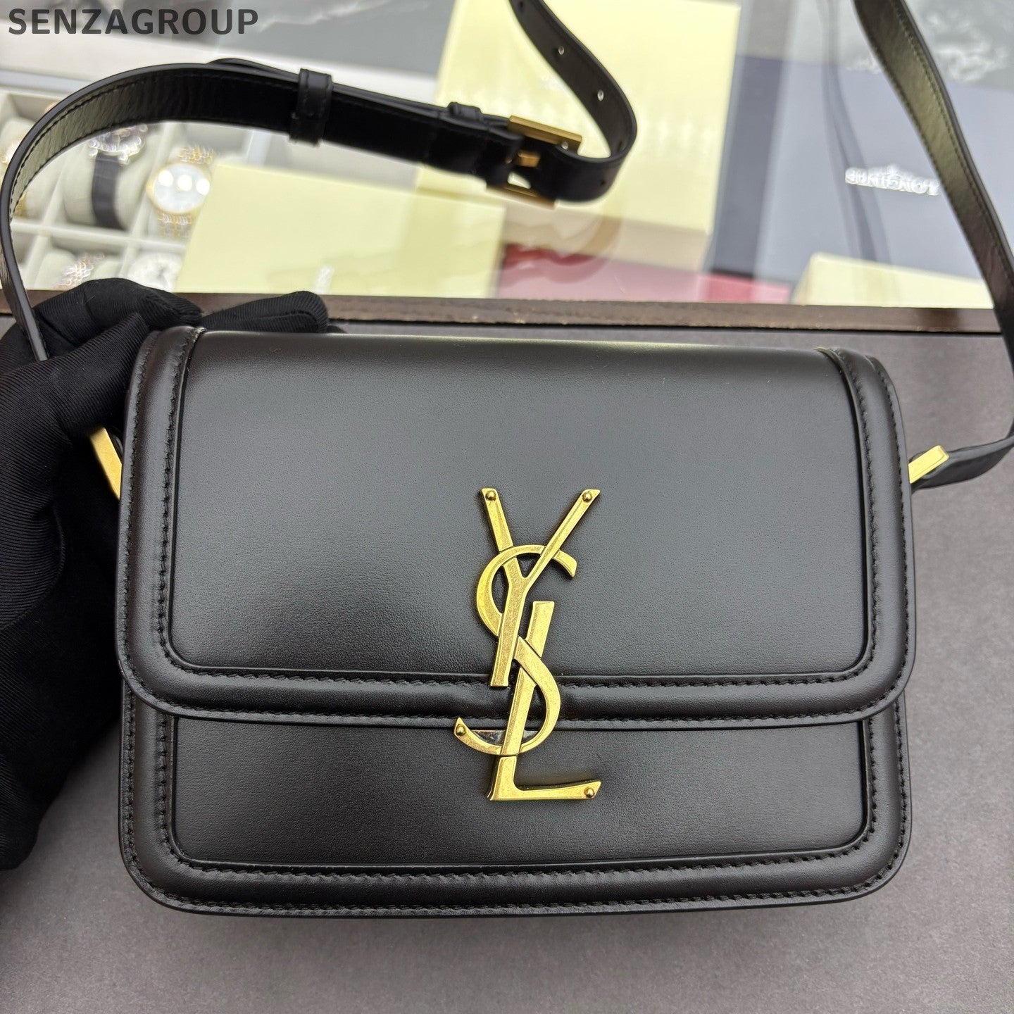 Saint Laurent YSL Solferino Box Small Black Gold Handbag Shoulder Bag