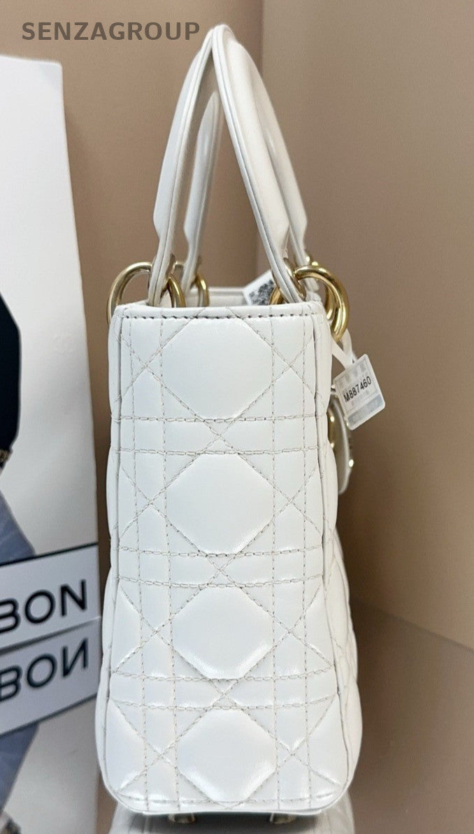 Dior Princess Diana Lambskin Leather Top Handle Bag White Gold Women Classic