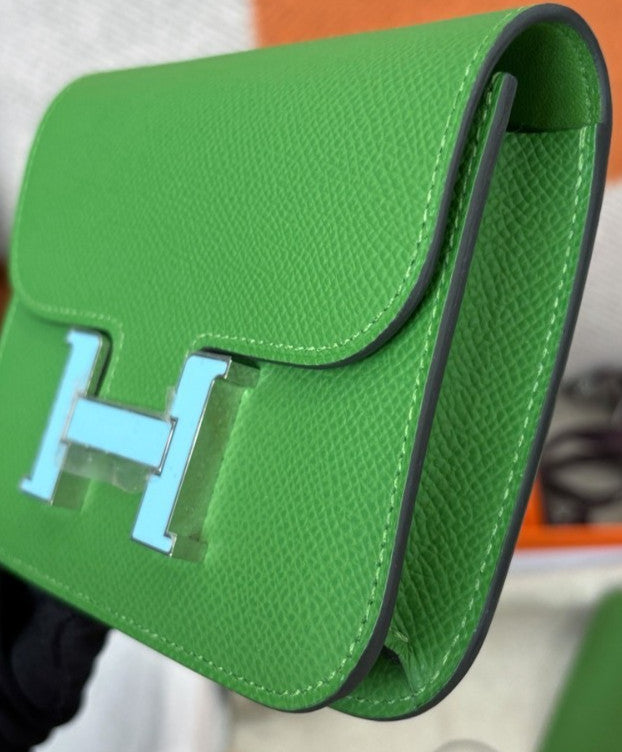 Hermes Constance Slim Epsom Leather Clutch Green Silver Women