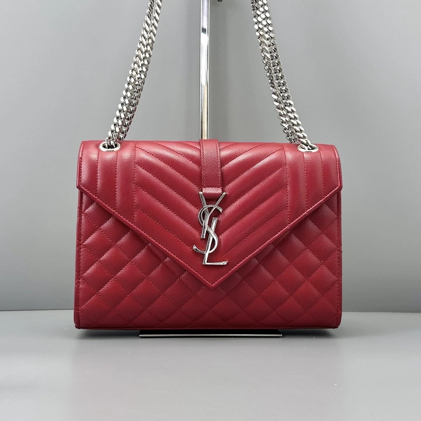 Saint Laurent Envelope Bag Chain Shoulder Bag Red Silver Hardware Women Fashion