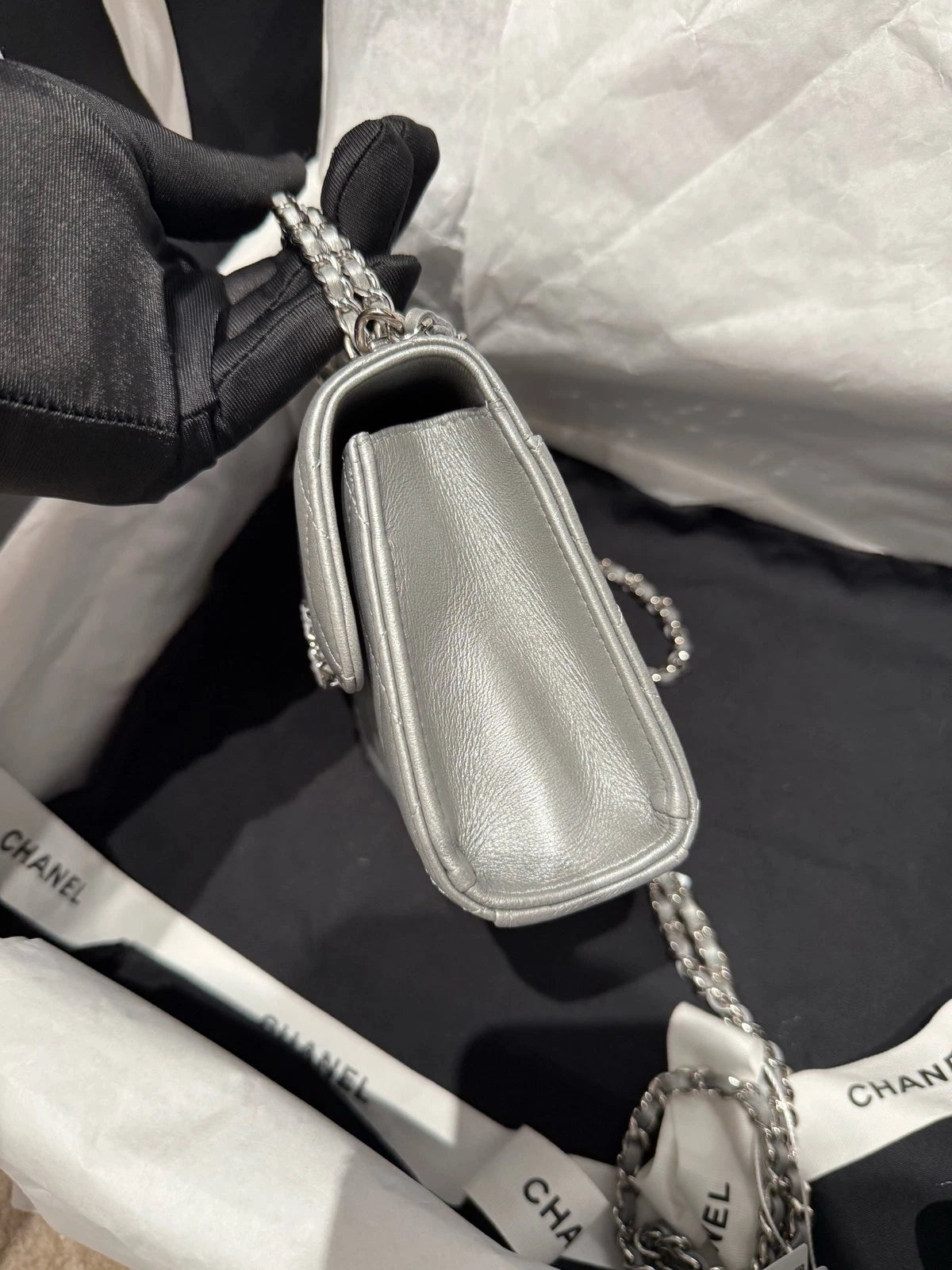 New Chanel Kelly Silver Lambskin Chain Top Handle Bag For Women