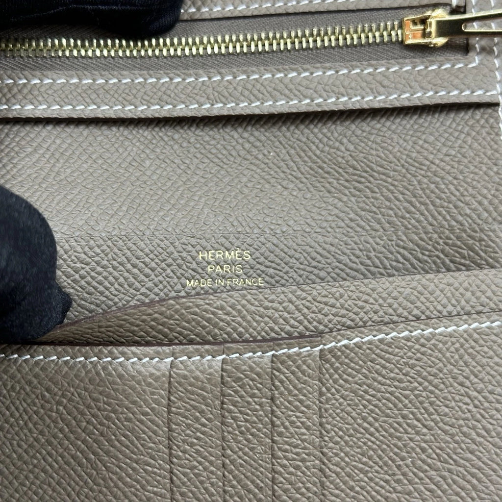 Hermes Bearn Compact Epsom Clutch Wallet Gray Gold Used Women Classic
