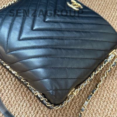 Chanel Black Gold V-Stitch Chain Shoulder Bag Classic Women's