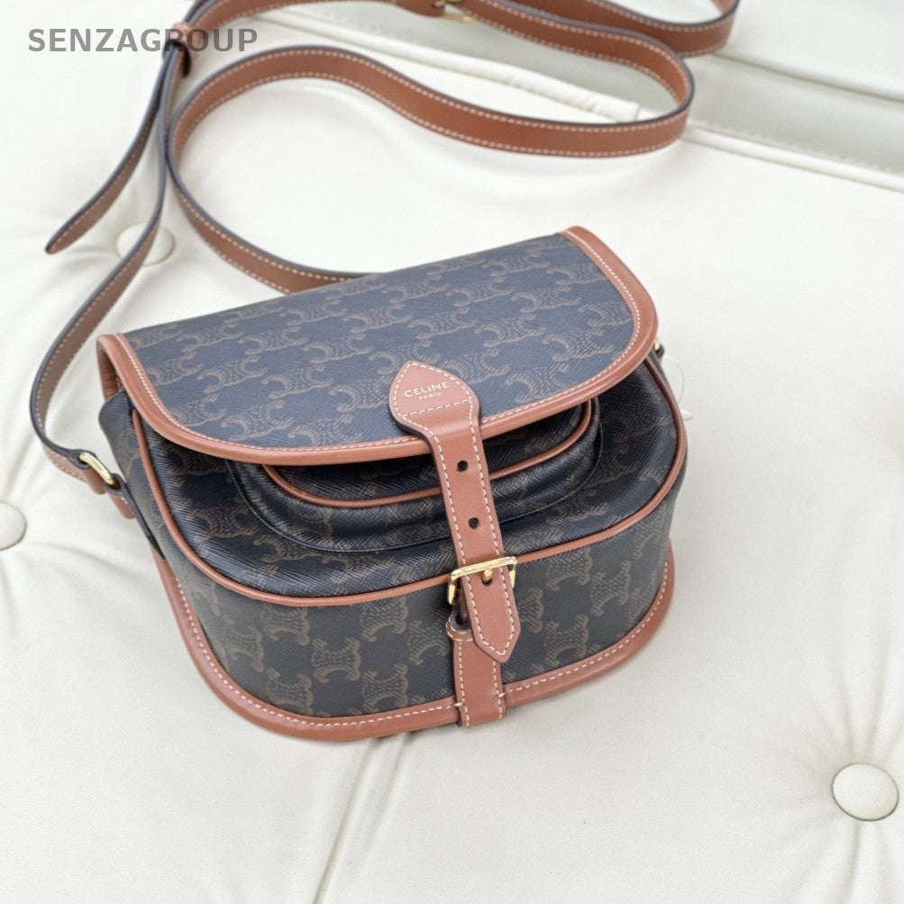 Celine Triomphe Canvas Calfskin Saddle Shoulder Bag Brown Almost Brand New