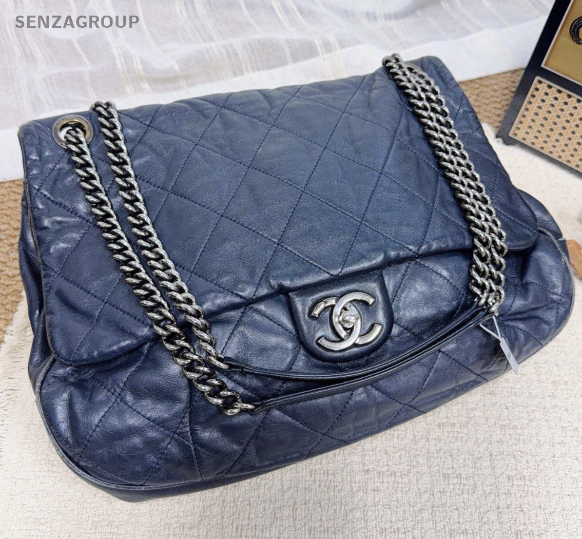 Chanel Classic Flap Chain Shoulder Bag Crossbody Blue Silver Women Diamond