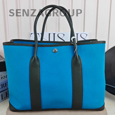Hermès Garden Party 36 Blue Black Canvas Leather Tote Bag Silver Hardware