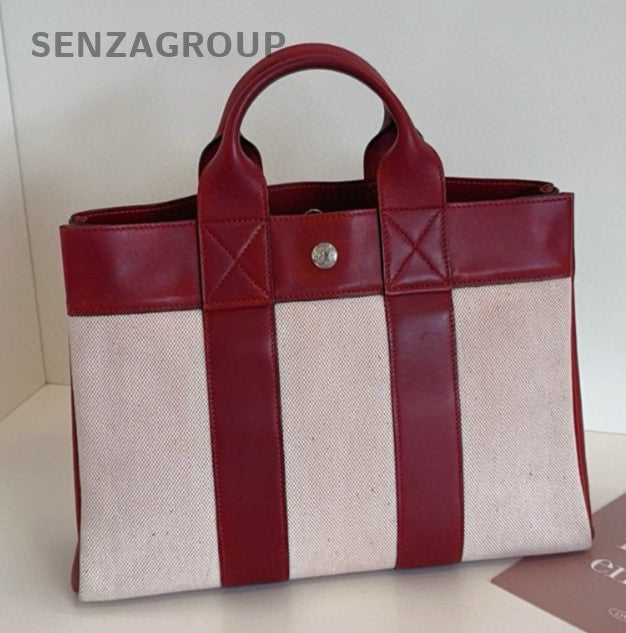 Hermes Canvas Vintage Tote Top Handle Bag Red Silver Women Classic