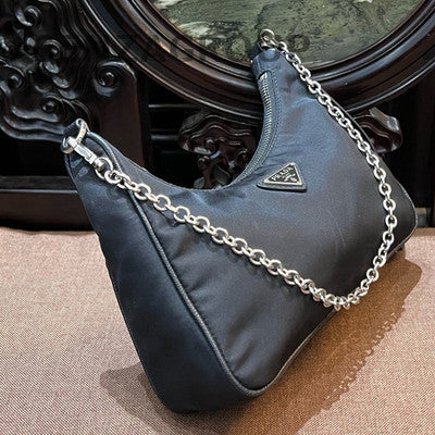 Prada Black Silver Hobo Chain Shoulder Crossbody Bag Women Classic