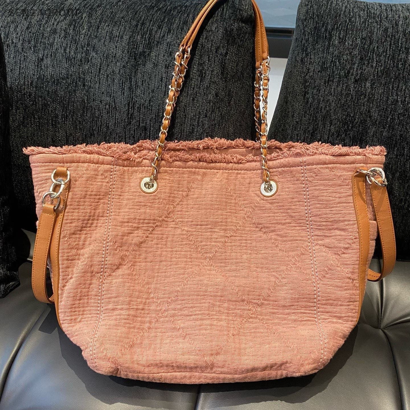 Chanel Beach Tote Chain Shoulder Bag Brown Silver Used Women Classic Fashion