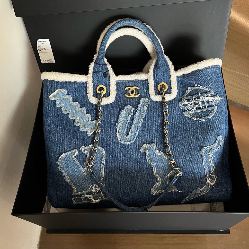 Chanel Denim Shearling Tote Top Handle Bag Shoulder Bag Blue Women