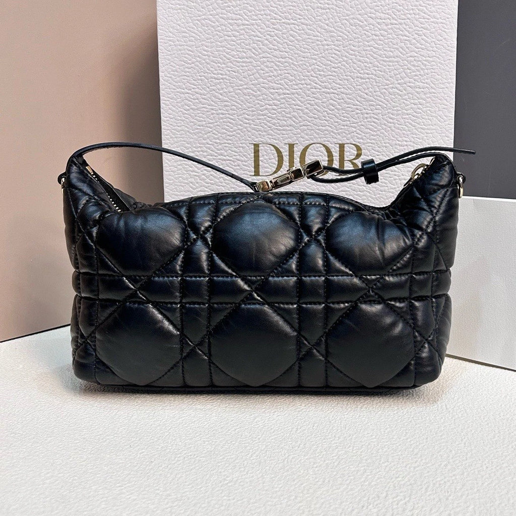 Excellent Christian Dior Travel Calfskin MM Hobo Black Handbag Shoulder Bag Gold