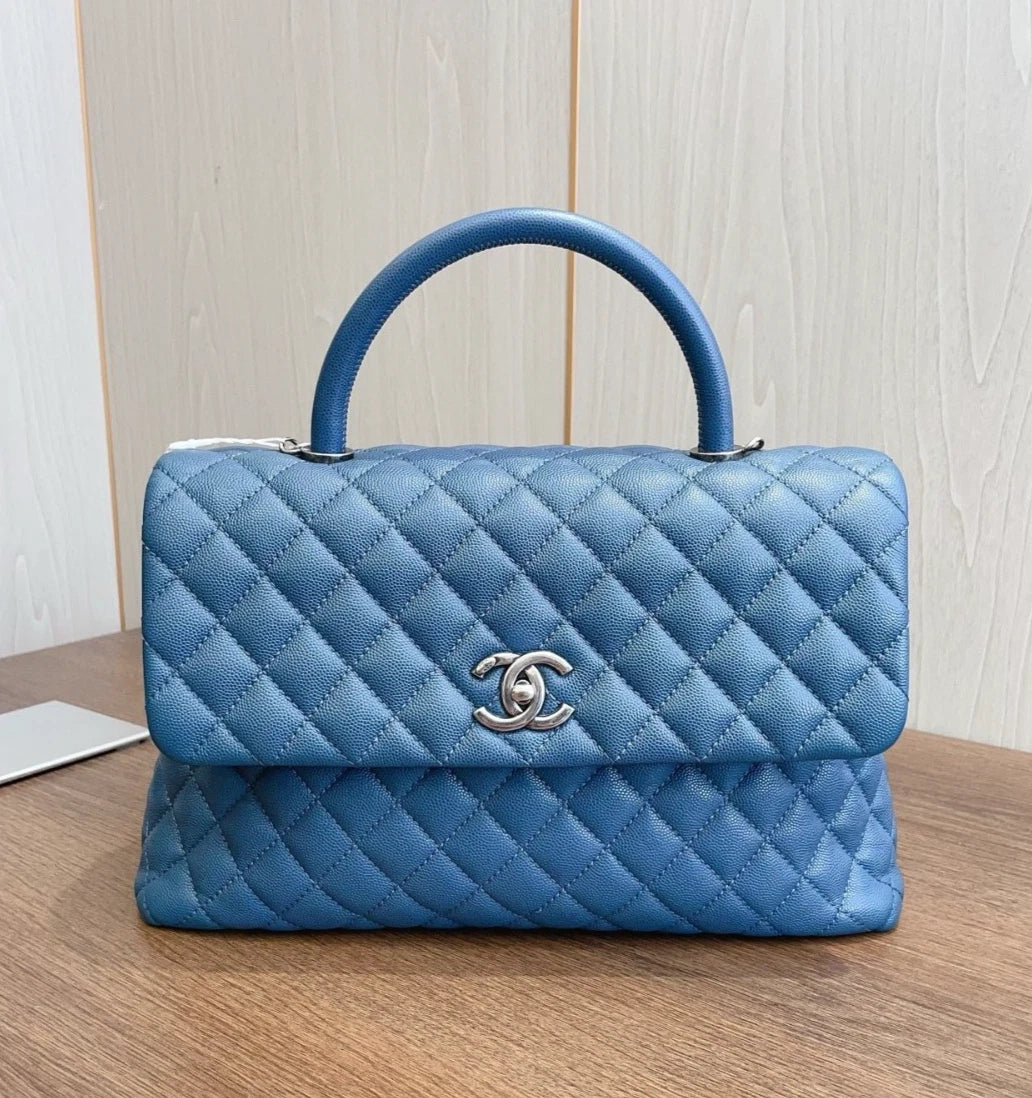 CHANEL Coco Handle Calfskin GM Top Handle Bag Crossbody Bag Blue Women