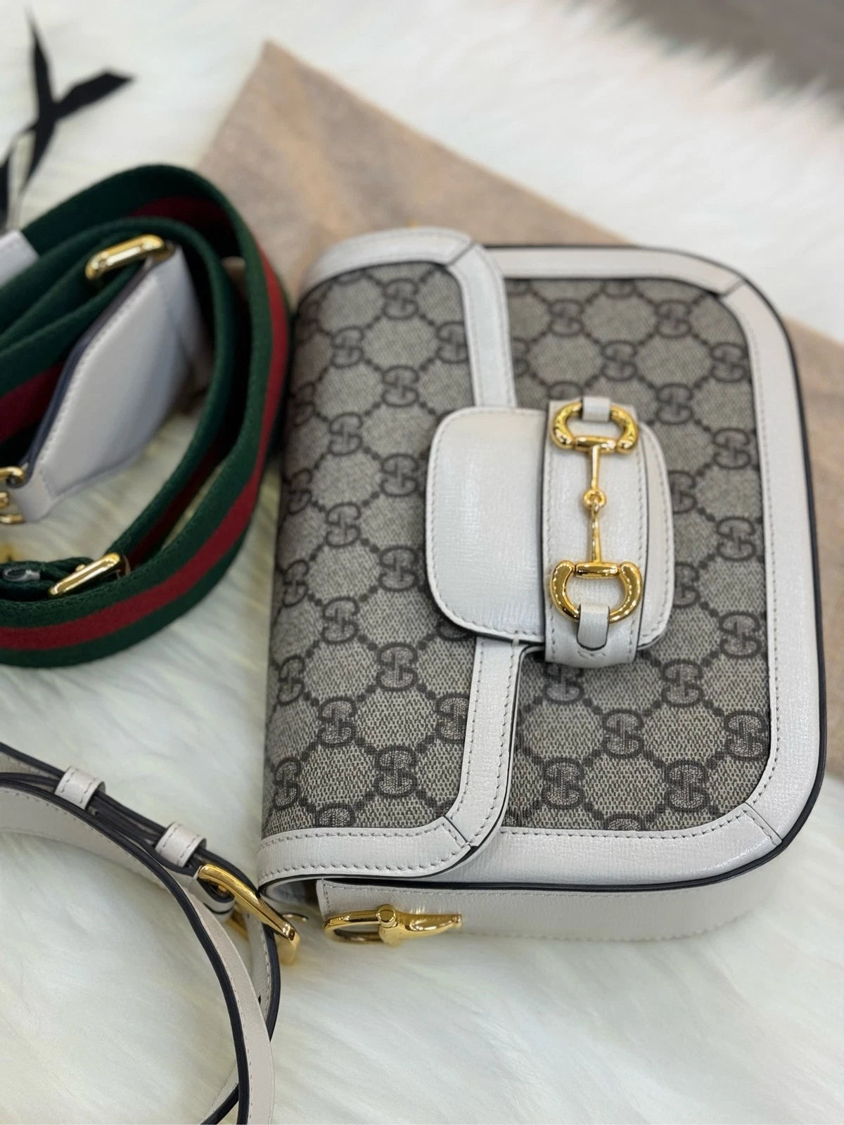 GUCCI 1955 Horsebit Small Saddle Bag White Leather For Women