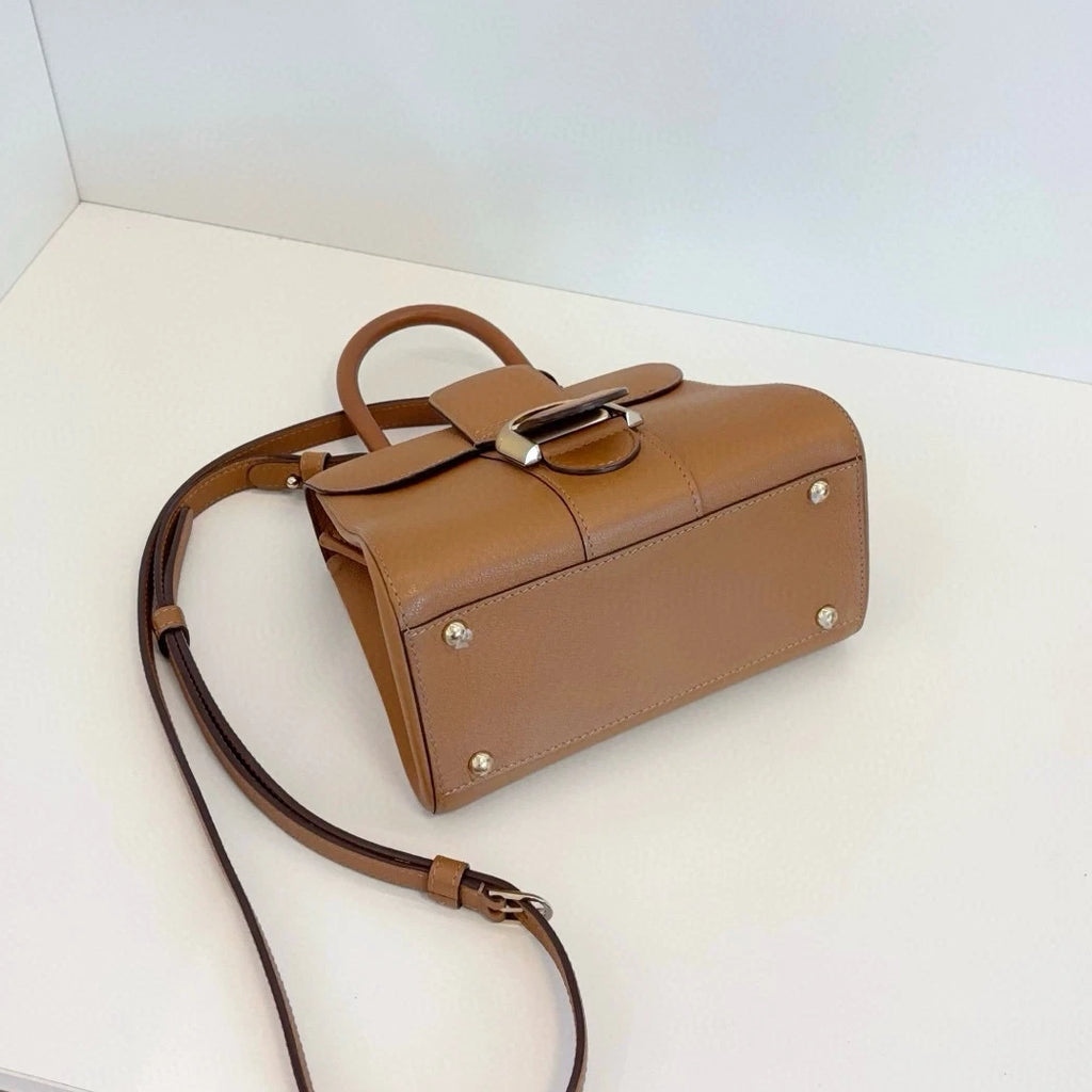 Delvaux Brillant Calfskin PM Top Handle Crossbody Brown Gold Women Classic