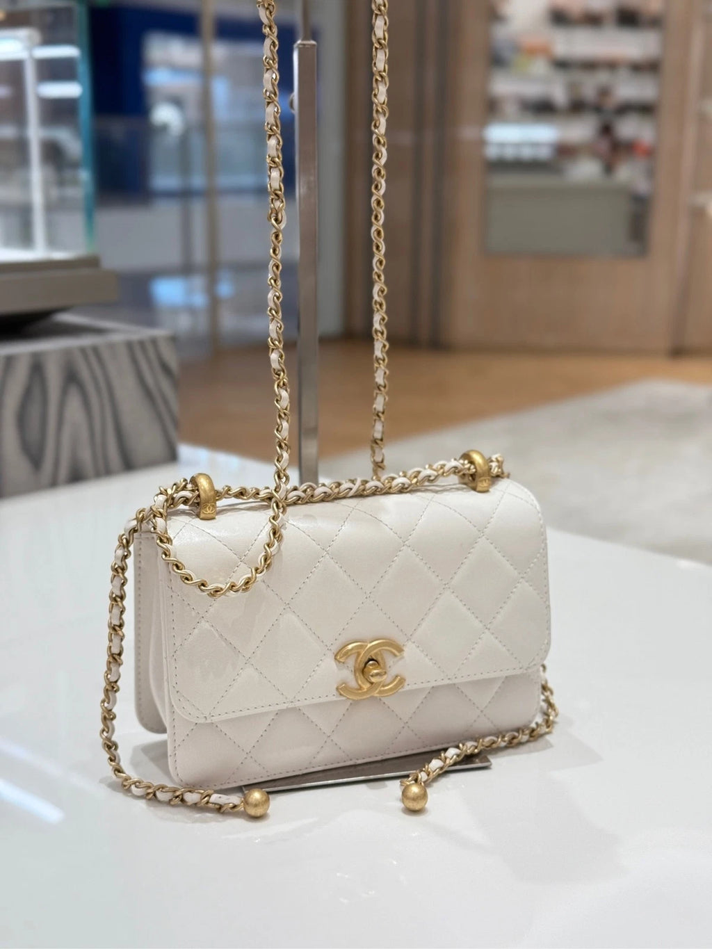 CHANEL White Leather Double Gold Ball Flap Shoulder Bag For Women